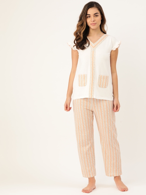

9teenAGAIN Women White & Peach-Coloured Striped Night suit