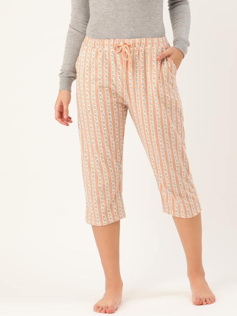 

9teenAGAIN Women Peach-Coloured & Off-White Printed Regular Fit Lounge Capris