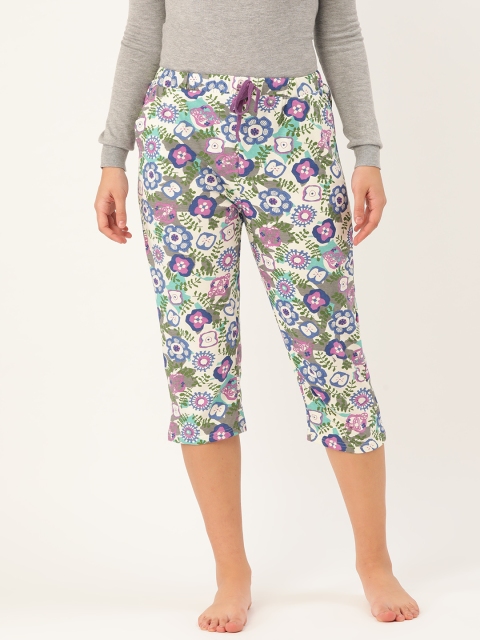 

9teenAGAIN Women Off-White & Blue Floral Print Regular Fit Lounge Capris