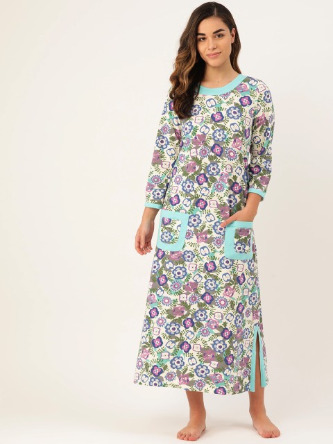 

9teenAGAIN White & Blue Floral Printed Nightdress