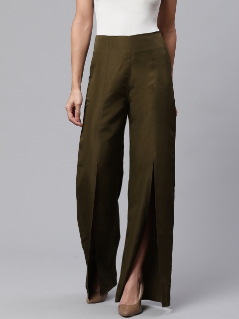 

ATRAENTA Women Olive Green Regular Fit Solid High Slits Parallel Trousers