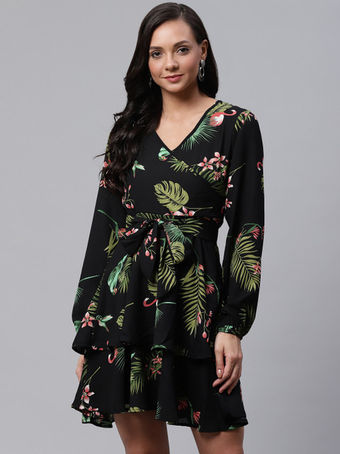 

ATRAENTA Women Black & Green Tiered Printed Wrap Dress