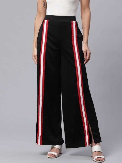 

ATRAENTA Women Black Regular Fit Striped Detail Parallel Trousers