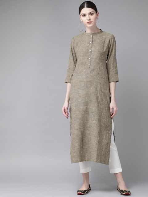 

Libas Women Olive Green & White Striped Straight Kurta