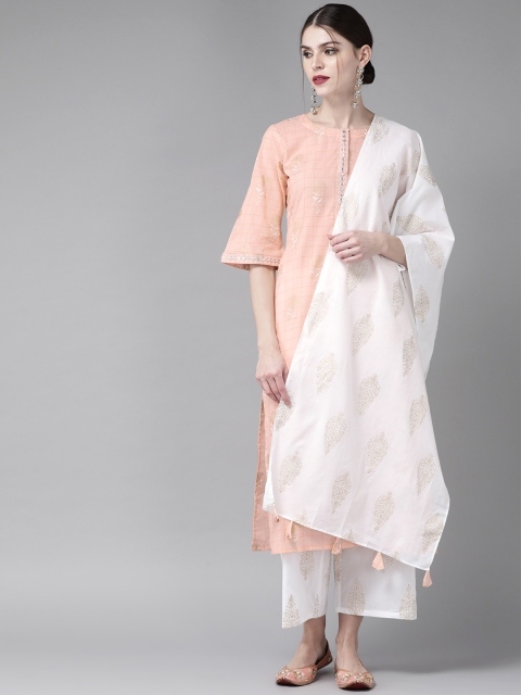 

Libas Women Peach-Coloured & White Printed Kurta with Palazzos & Dupatta