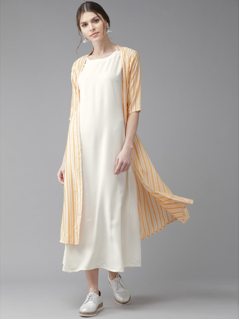 

Libas Women Yellow & Off-White Striped Maxi Dress with Ethnic Jacket