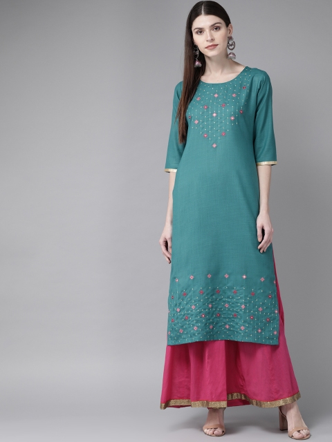 

Libas Women Teal Green & Pink Yoke Design Straight Kurta