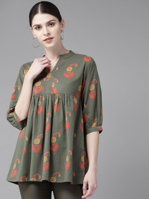 

Libas Women Olive Green & Orange Printed Pure Cotton A-Line Kurti