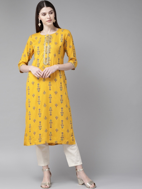 

Libas Women Mustard Yellow & Purple Printed Straight Kurta