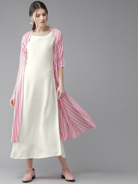 

Libas Women Pink & Off-White Striped Maxi Dress with Ethnic Jacket