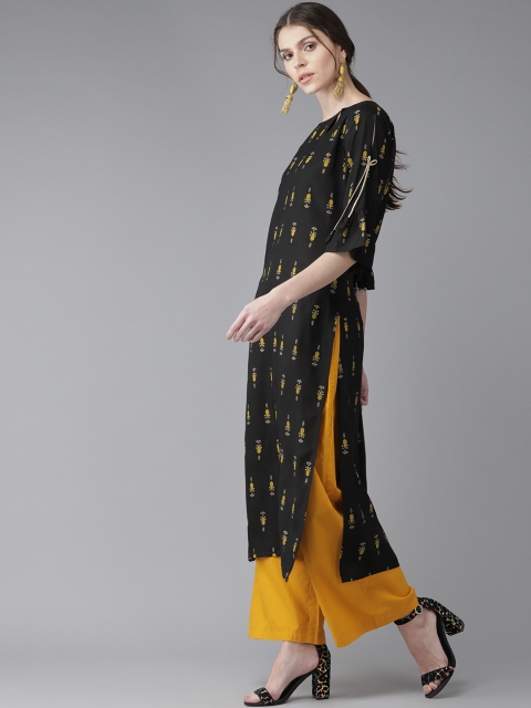 

Libas Women Black & Mustard Yellow Printed Straight Kurta