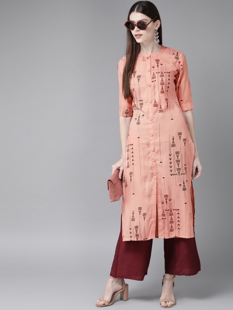 

Libas Women Peach-Coloured & Maroon Printed Straight Kurta