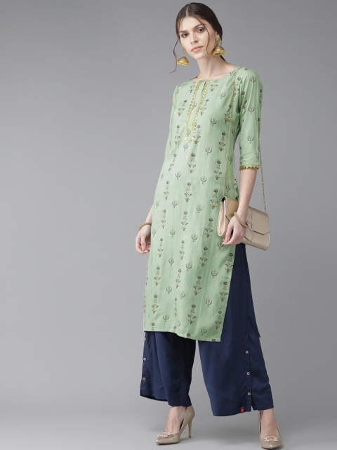 

Libas Women Green & Grey Printed Straight Kurta