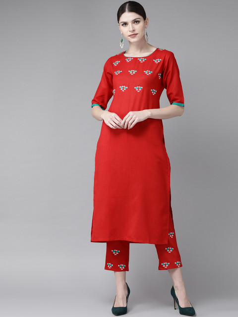 

Libas Women Red Embroidered Kurta with Trousers