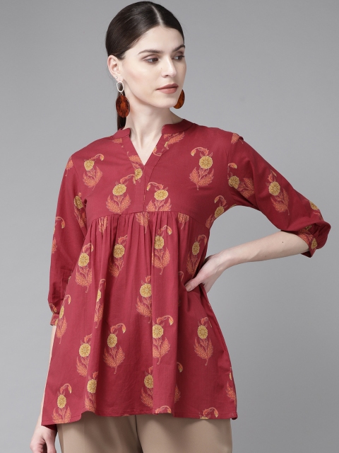 

Libas Women Maroon & Mustard Yellow Floral Pure Cotton Print A-Line Kurti