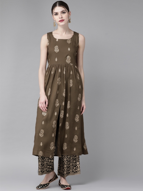 

Libas Women Olive Green & Black Printed Kurta with Palazzos