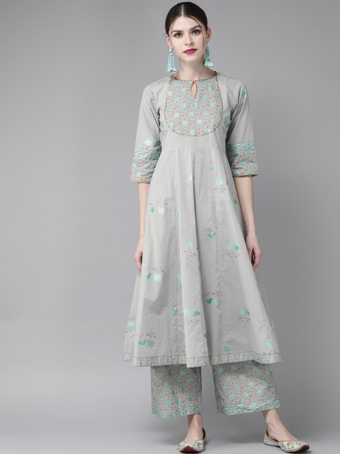 

Libas Women Grey & Sea Green Printed Kurta with Palazzos
