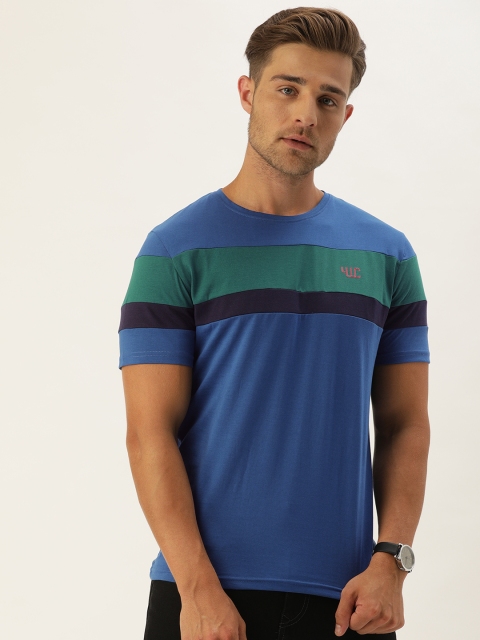 

YWC Men Blue & Green Striped Round Neck T-shirt