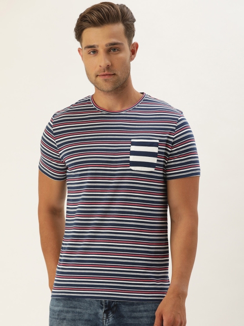 

YWC Men Navy Blue & White Striped Round Neck T-shirt