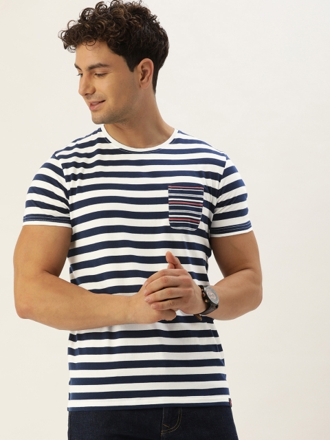 

YWC Men White & Navy Blue Striped Round Neck T-shirt