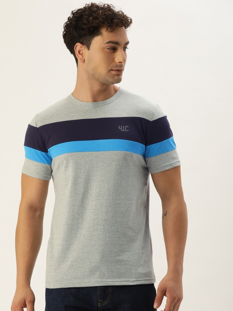 

YWC Men Grey Melange & Blue Striped Round Neck T-shirt