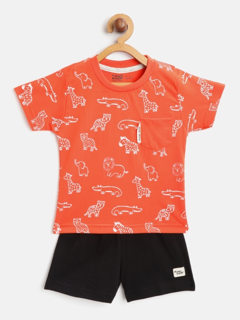 

Mumble Jumble Kids Orange & Black Printed T-shirt & Solid Shorts