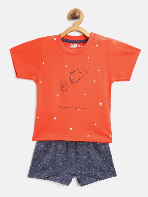 

Mumble Jumble Kids Orange & Navy Blue Printed T-shirt & Solid Shorts