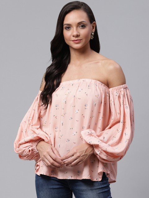 

ATRAENTA Women Pink & White Floral Print Bardot Top