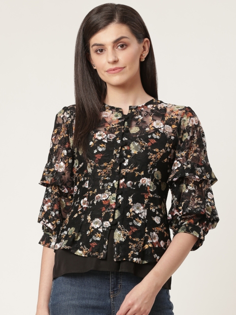 

Molly & Michel Women Black & Off-White Sheer Layered Floral Print Top