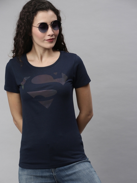 

Huetrap Women Navy Blue Superman Printed Round Neck Sustainable T-shirt