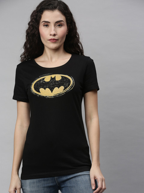 

Huetrap Women Black & Gold-Coloured Batman Printed Round Neck T-shirt