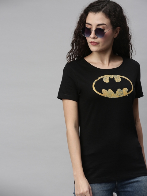 

Huetrap Women Black Batman Printed Round Neck Cotton T-shirt