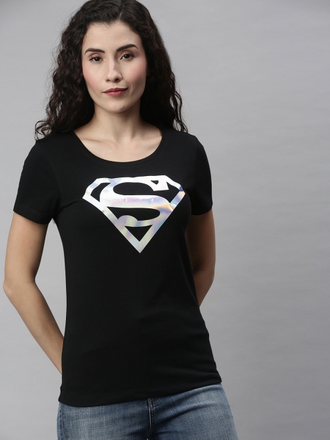 

Huetrap Women Black Superman Printed Round Neck Cotton Pure Cotton T-shirt