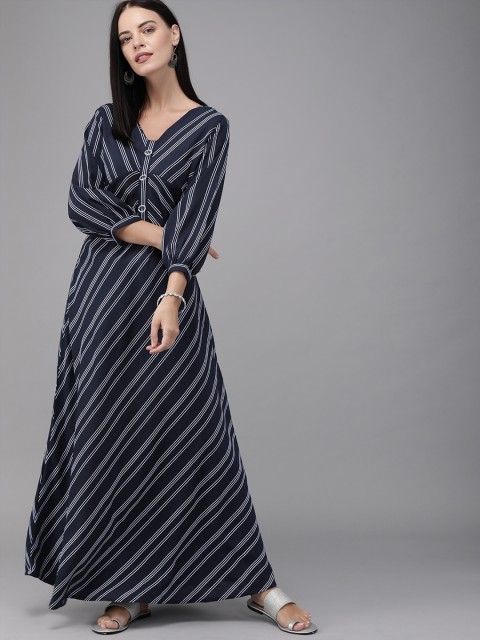 

MIMOSA Women Navy Blue & White Striped Maxi Dress