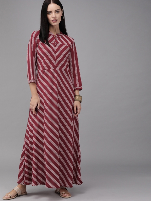 

MIMOSA Women Maroon & White Striped Maxi Dress