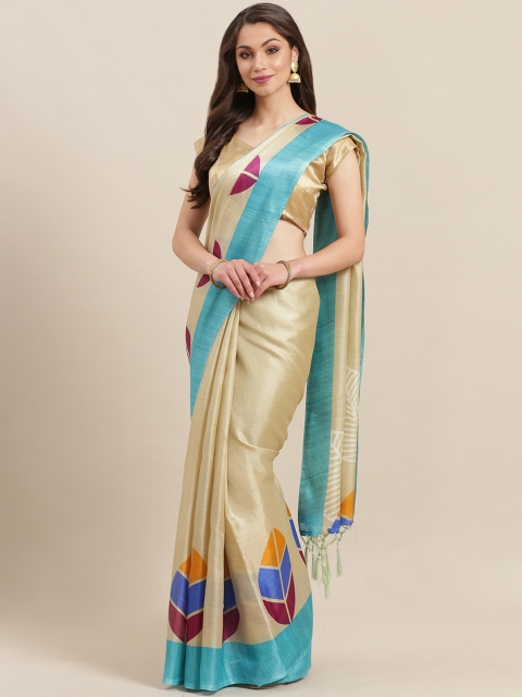 

7Rainbow Beige & Blue Digital Print Mysore Silk Saree