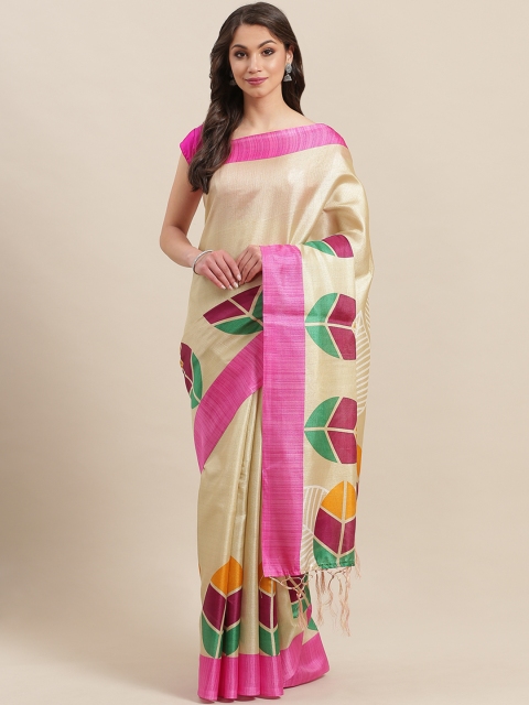 

7Rainbow Beige & Green Digital Print Mysore Silk Saree