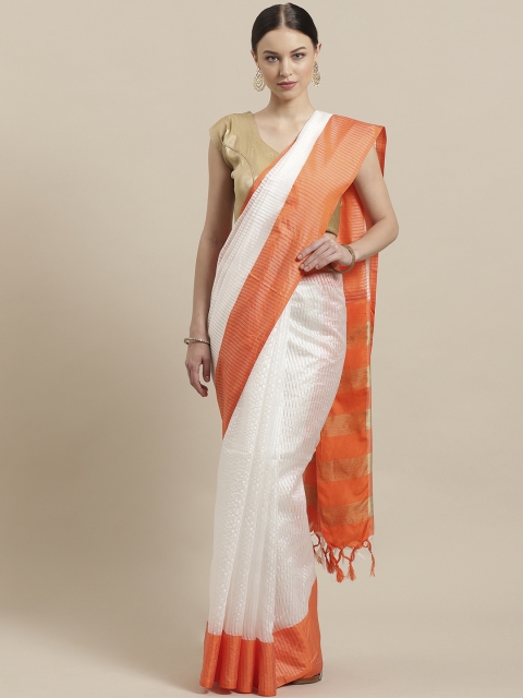 

7Rainbow White & Orange Self-Striped Saree