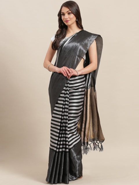 

7Rainbow Black & Charcoal Grey Zari Striped Taant Saree
