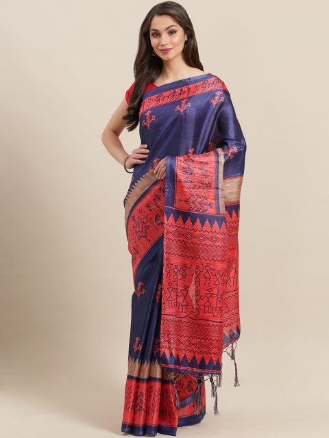 

7Rainbow Navy Blue & Coral Red Digital Print Mysore Silk Saree