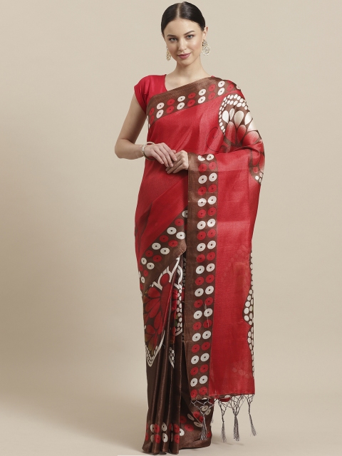 

7Rainbow Red & Brown Digital Print Mysore Silk Saree