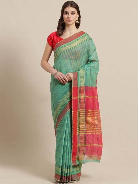 

7Rainbow Green Self-Striped Zari Work Mangalagiri Saree