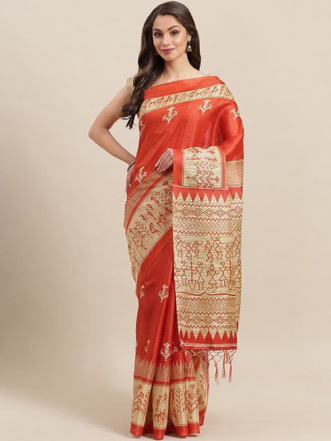 

7Rainbow Rust Orange & Beige Digital Print Mysore Silk Saree