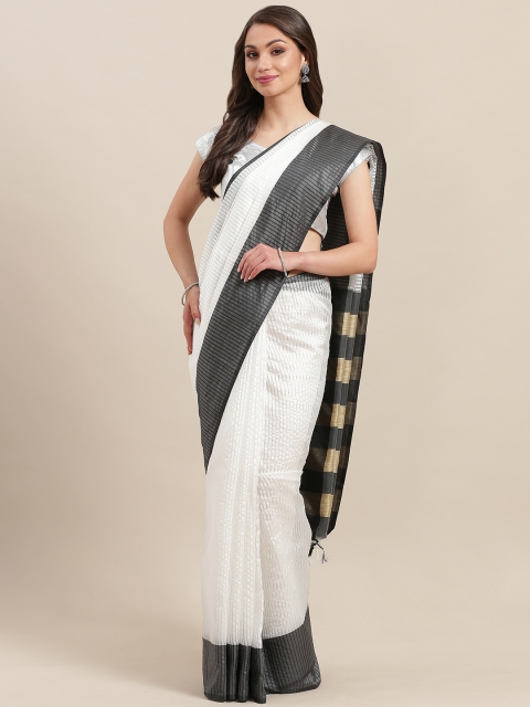 

7Rainbow White & Charcoal Grey Self-Striped Saree
