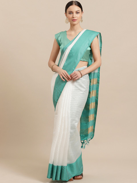 

7Rainbow White & Blue Self-Striped Saree