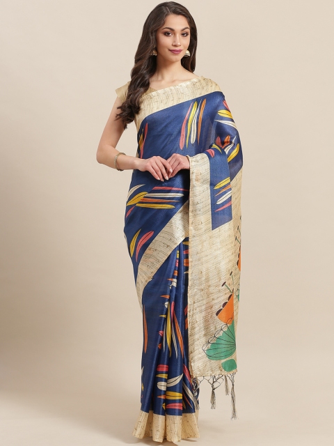

7Rainbow Navy Blue & Beige Digital Printed Mysore Silk Saree