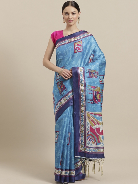 

7Rainbow Blue & Pink Digital Print Mysore Silk Saree