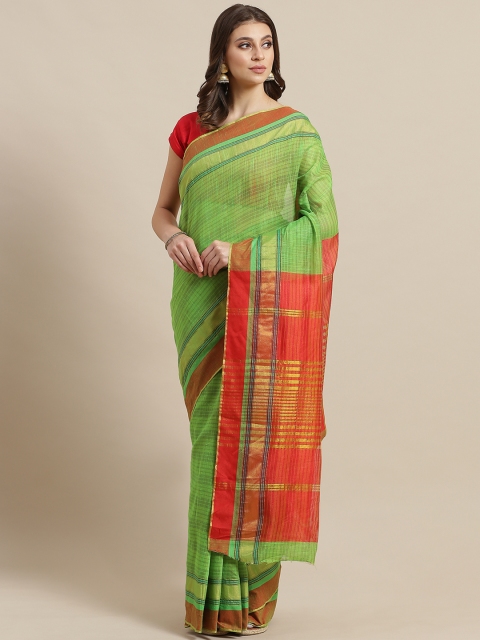

7Rainbow Green & Red Self-Striped Zari Work Mangalagiri Saree