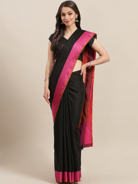 

7Rainbow Black & Pink Solid Taant Saree