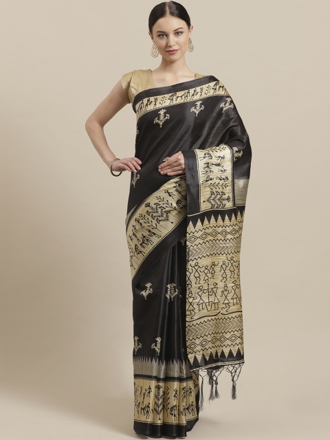 

7Rainbow Black & Beige Digital Print Mysore Silk Saree